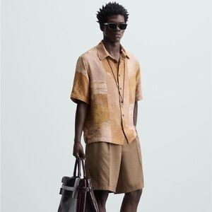 Zara Men's Shirt Brown Button Up Short Sleeve Casual Beach Abstract Mens Large